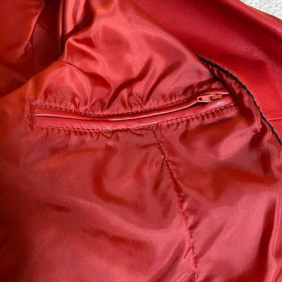 JCCOLLECTION Leather Coat German Half Trench Lined Notched Lapel Womens M Red - Picture 10 of 15
